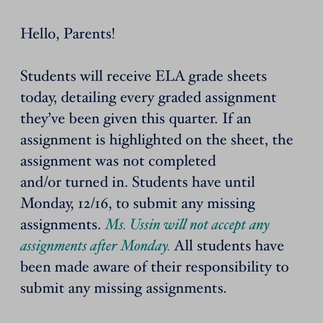 NOTE TO PARENTS - December 11 NOTE TO PARENTS - December 11